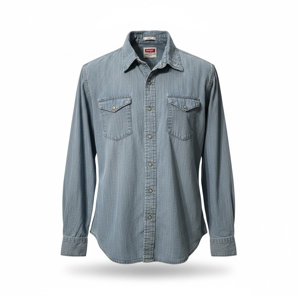 Wrangler Chambray Shirt Men XL Blue Pearl Snap Button Western Cowgirl Casual Top